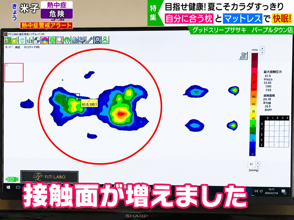 体圧センサーで枕とマットレスと体の接触面の分布が確認できます。